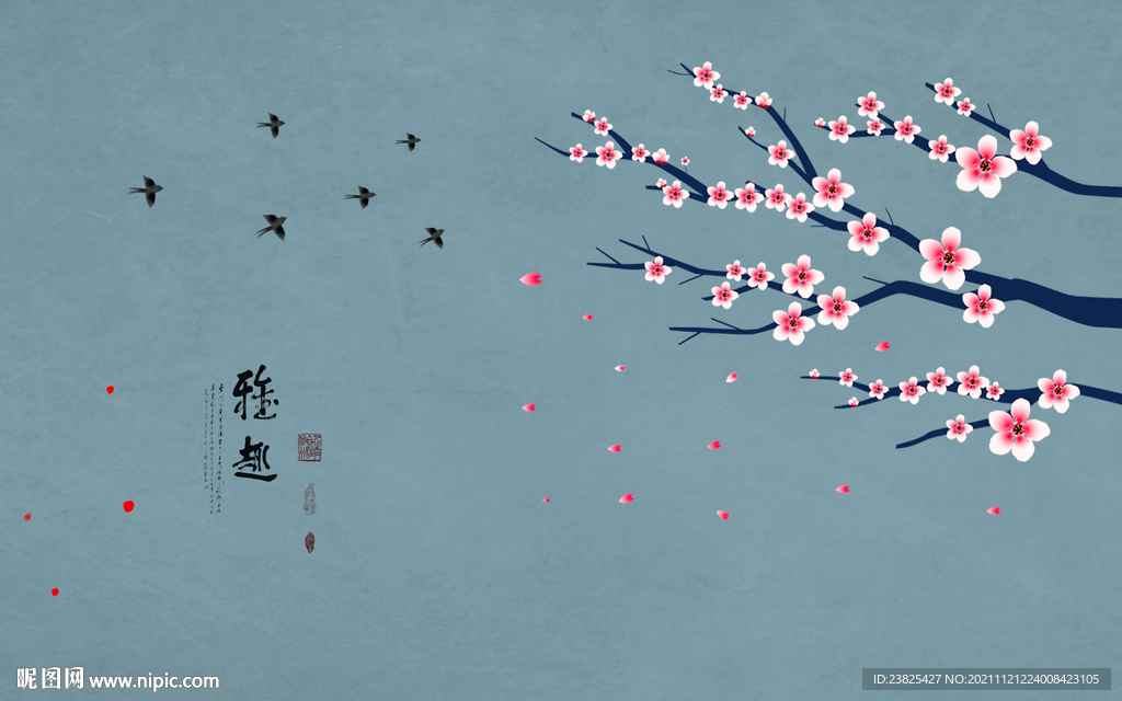 新中式手绘花鸟电视背景墙