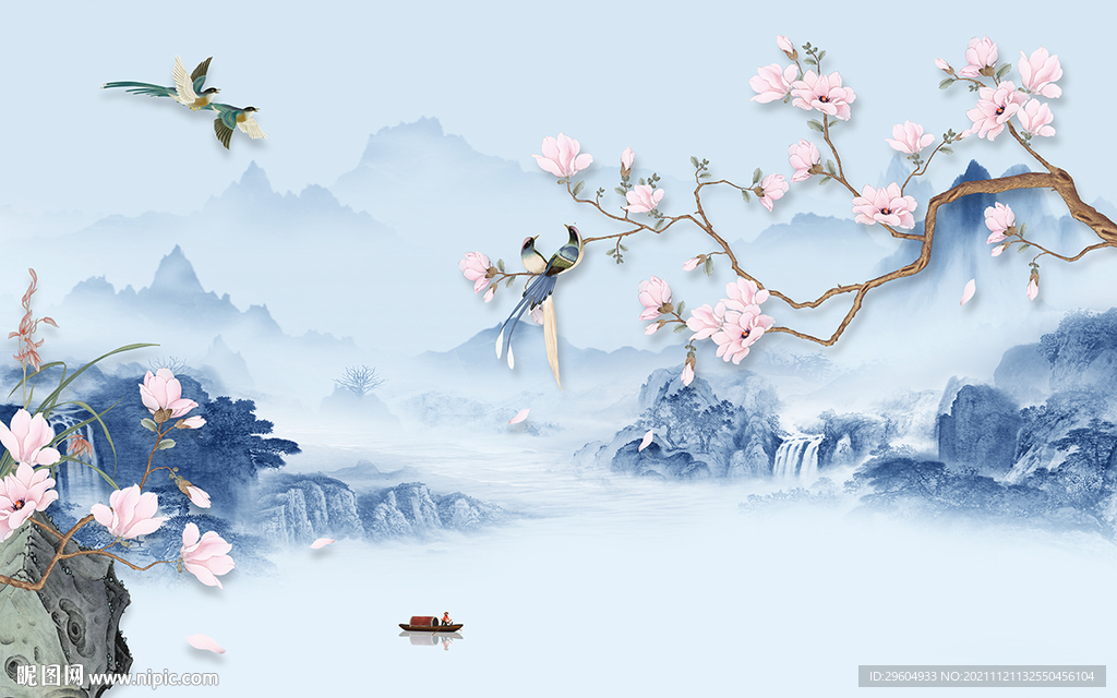 花鸟 现代山水背景 tif分层