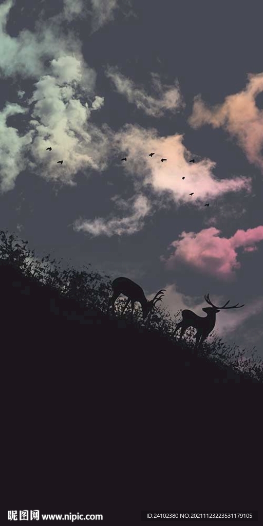 七彩云朵麋鹿夜色草原祥瑞装饰画