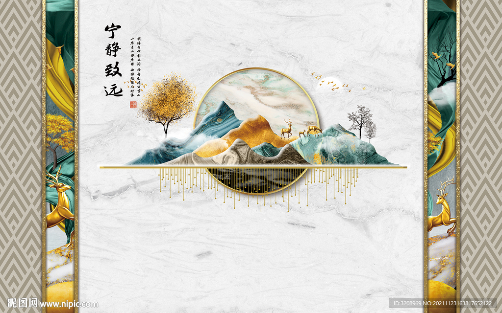 中式风格山水墙纸电视背景画图片