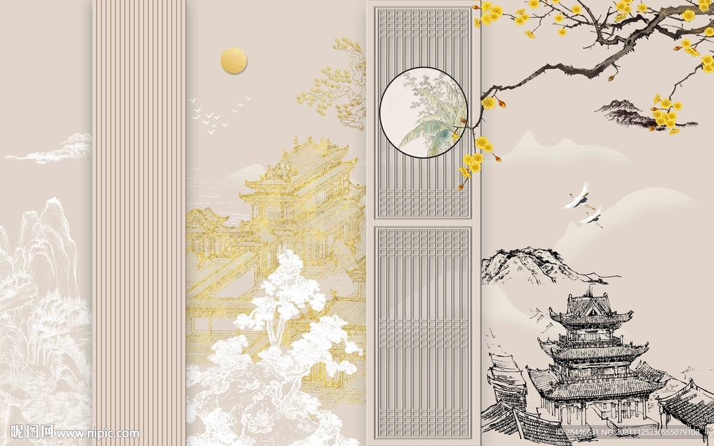 新中式线描古建筑宫殿背景墙  