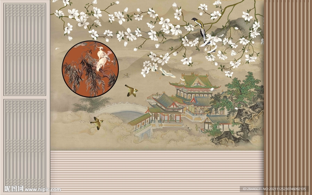 新中式线描古建筑宫殿背景墙  