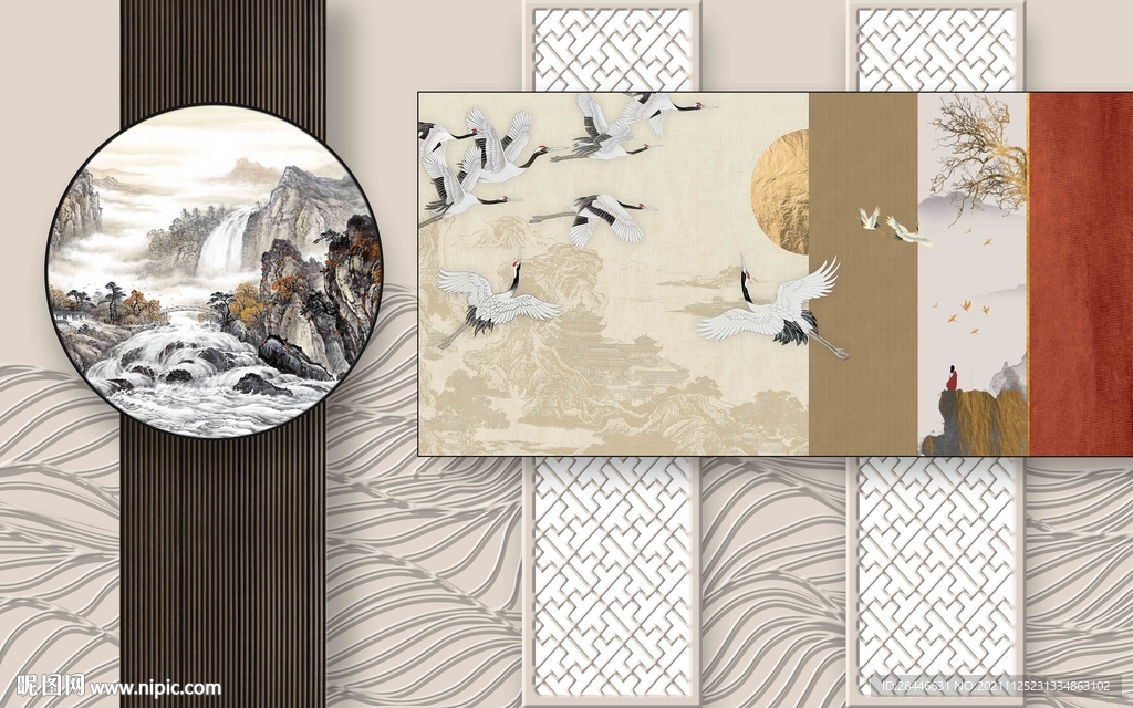 新中式线描古建筑宫殿背景墙  