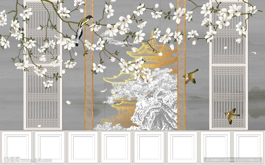 新中式线描古建筑宫殿背景墙  