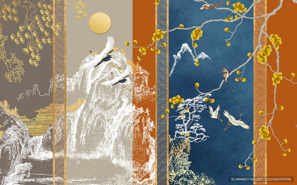 新中式线描古建筑宫殿背景墙  