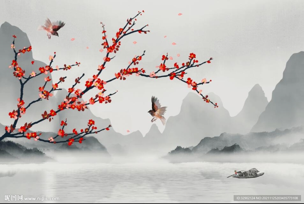 梅花花鸟山水背景墙