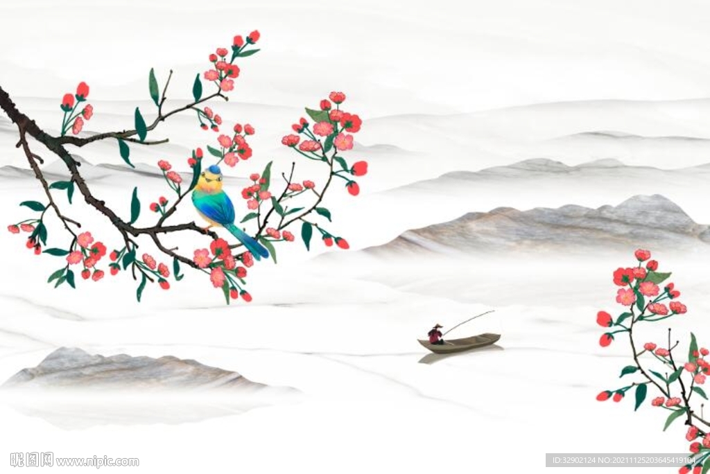 工笔花鸟山水背景墙