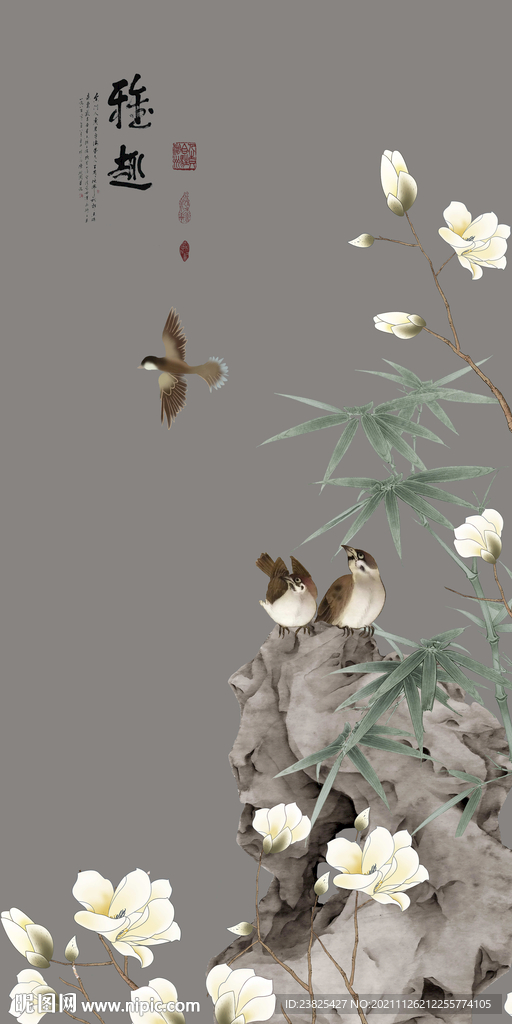 新中式手绘工笔玉兰花鸟玄关背景