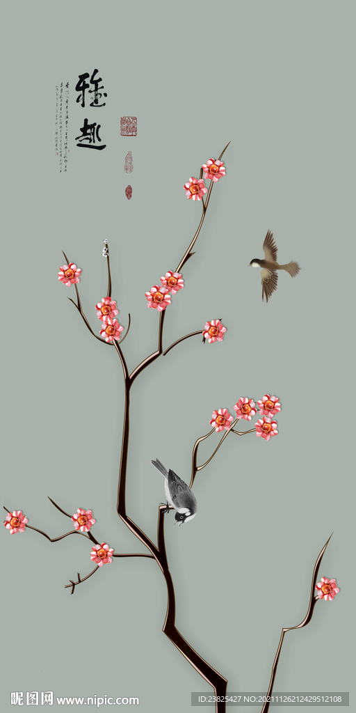 新中式手绘花鸟玄关背景墙