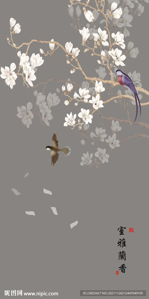 新中式手绘玉兰花鸟玄关背景墙
