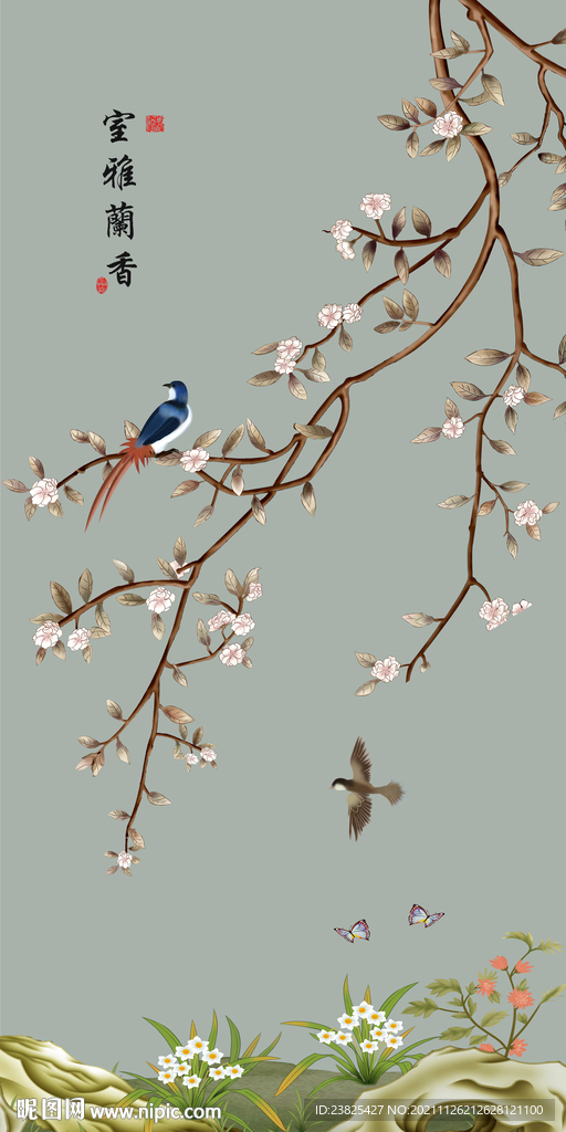 新中式手绘工笔花鸟玄关背景墙