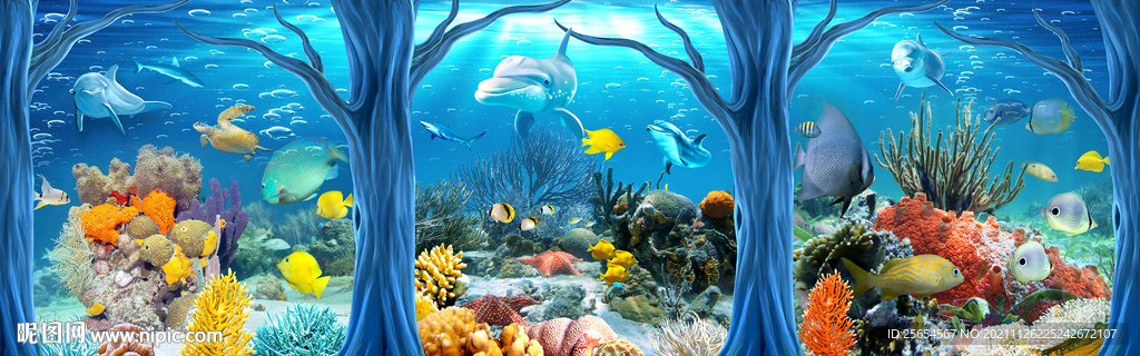 海底世界热带鱼全屋背景墙