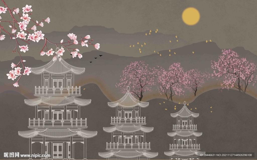 新中式线描古建筑背景墙