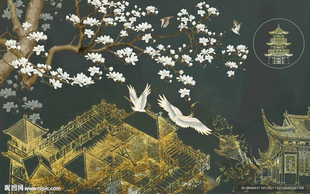 新中式线描古建筑背景墙