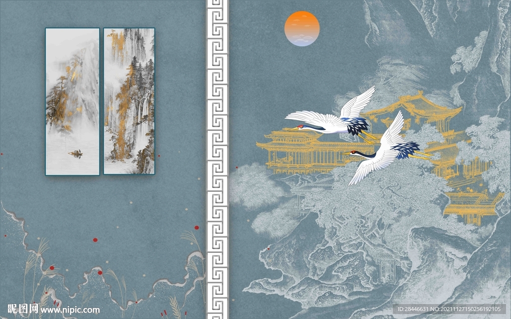 新中式线描古建筑背景墙