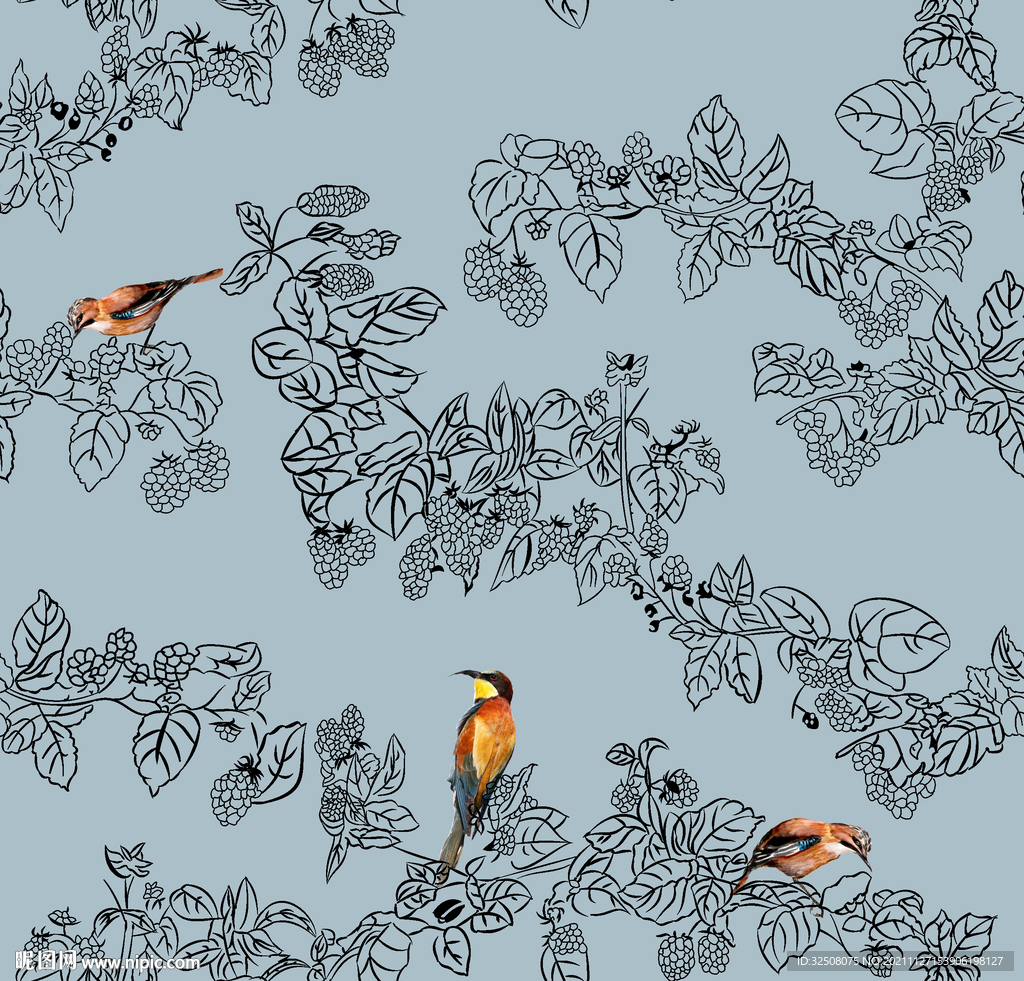 鸟 线条花小碎花 