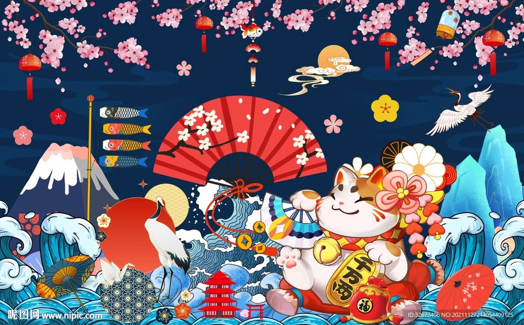 日式和风招财猫工装背景墙图片