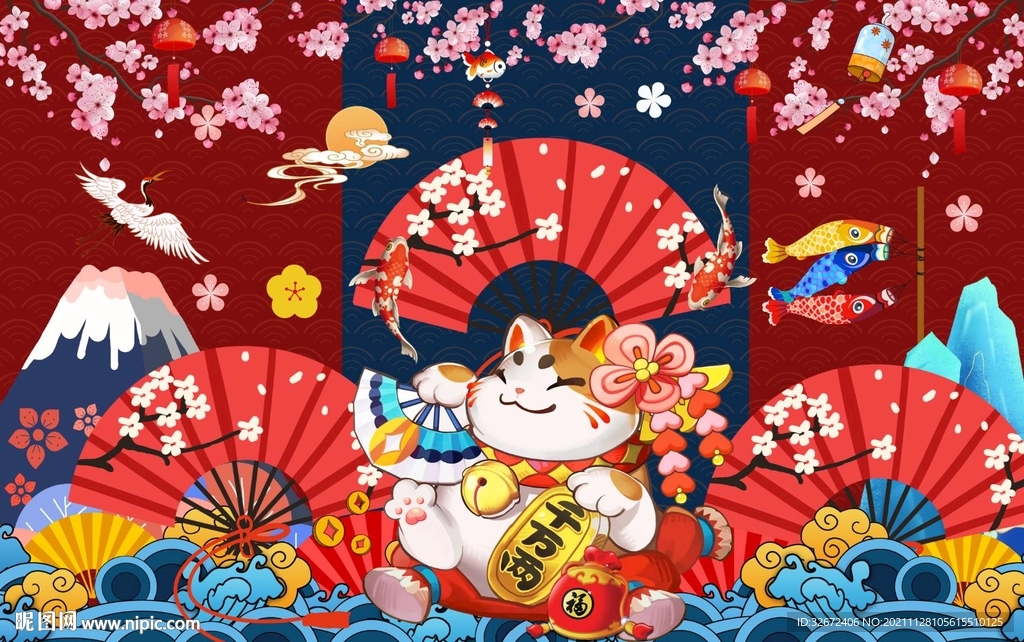 日式手绘招财猫餐饮工装背景墙图