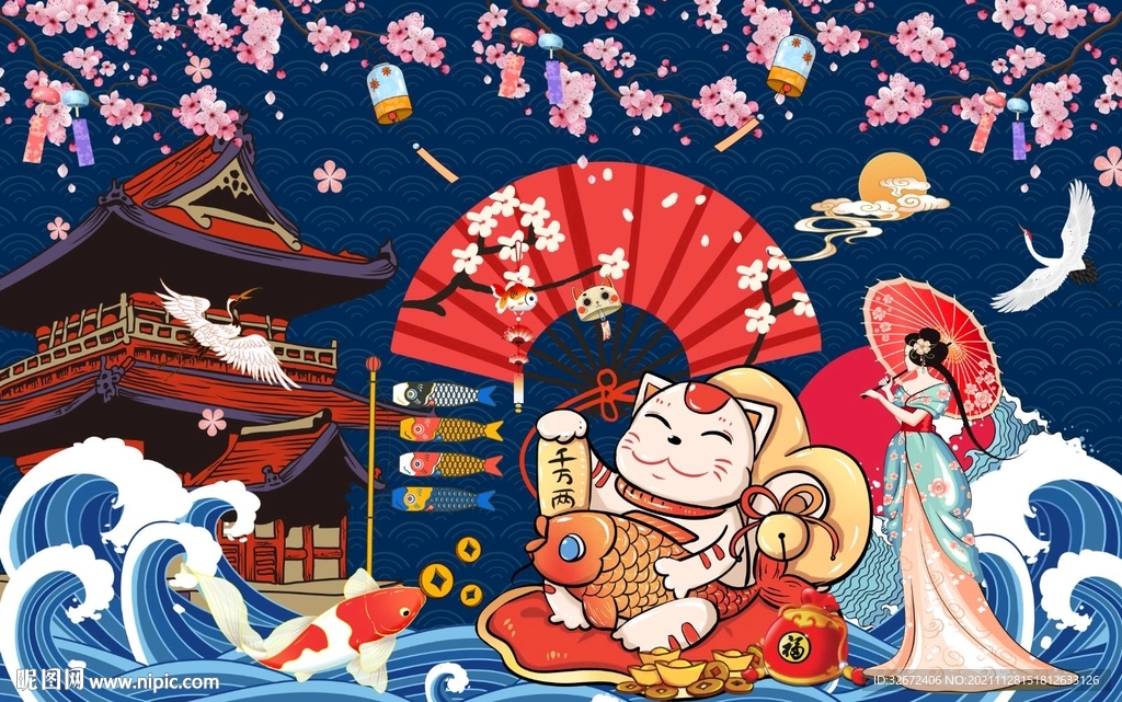 日式招财猫背景墙展板海报壁纸图