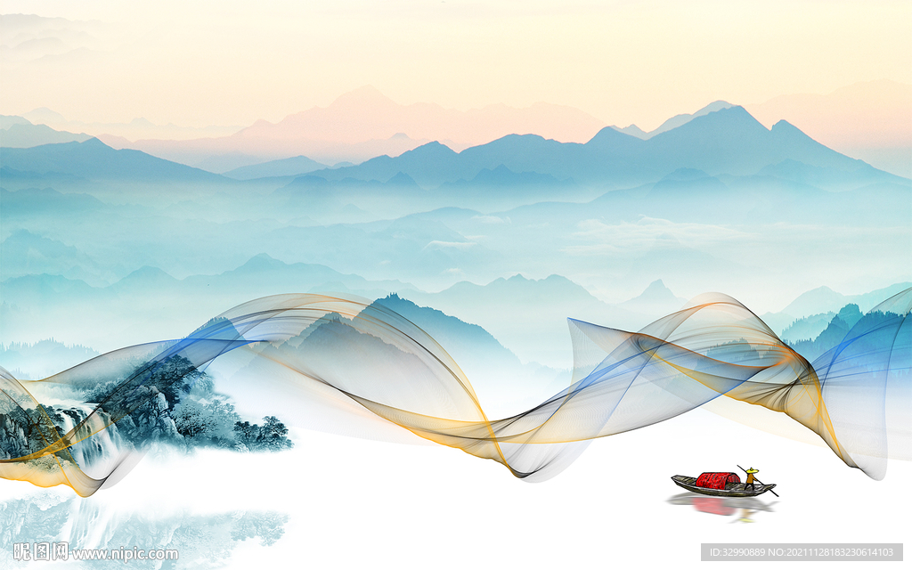 线条简约山水墙画 TIF分层