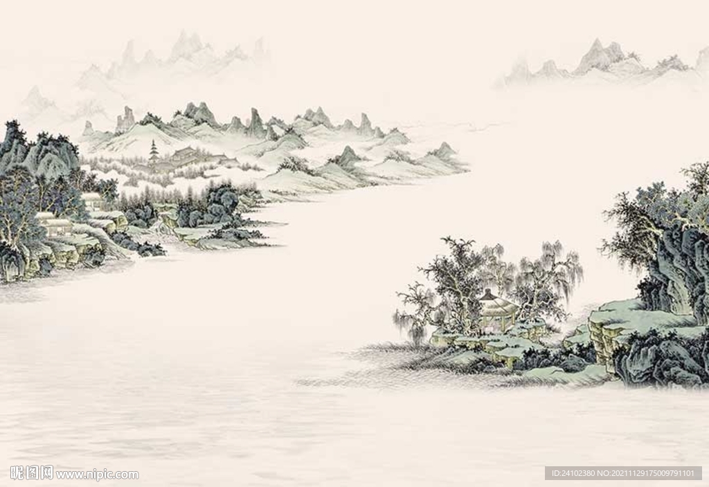 水墨山水情简约艺术背景