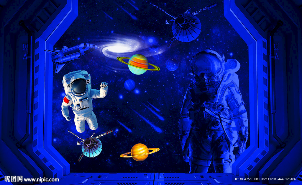科幻太空站星球宇航员背景墙