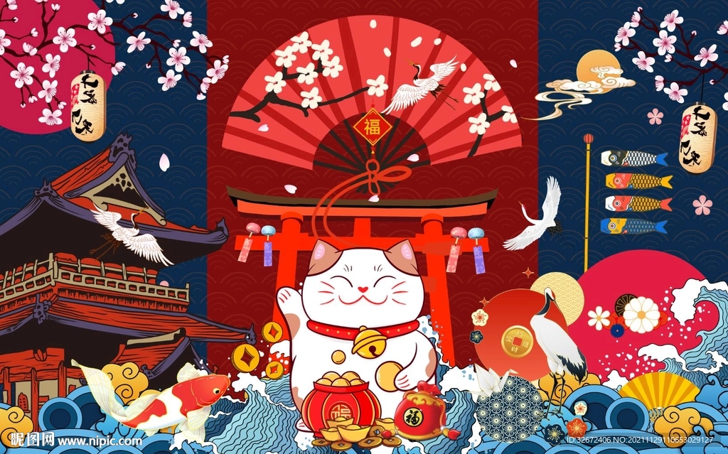 日式和风招财猫工装背景墙图片