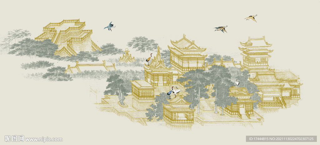 工笔画水墨背景墙合层