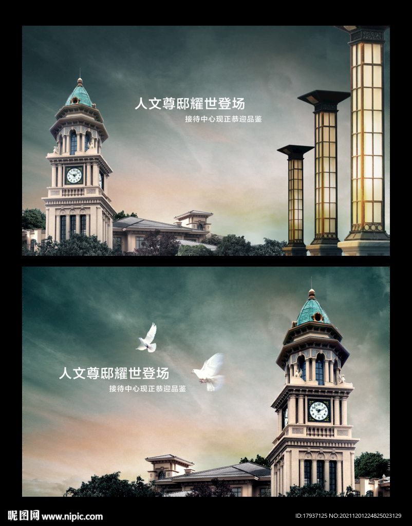 欧式建筑 钟 鸽子 户外 车身