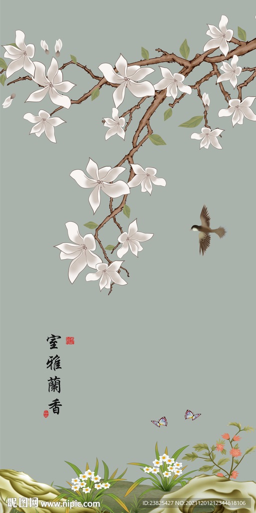 新中式手绘玉兰花鸟玄关背景墙