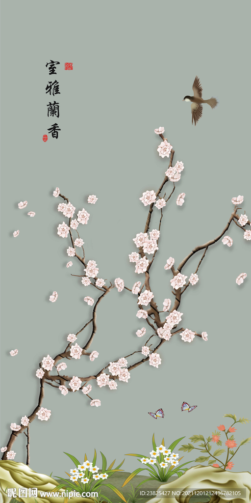 新中式手绘玉兰花鸟玄关背景墙