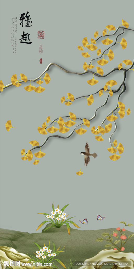 新中式手绘银杏树花鸟玄关背景墙
