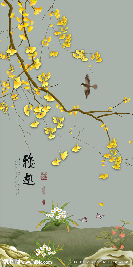 新中式手绘银杏树花鸟玄关背景墙