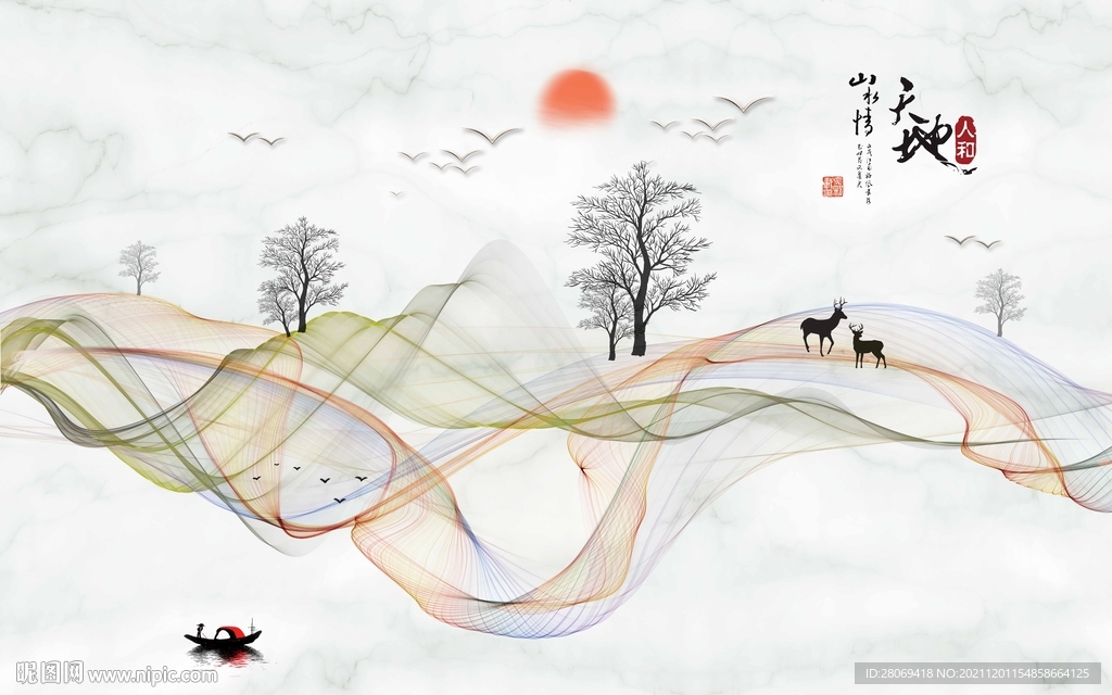 新中式线条山水背景墙