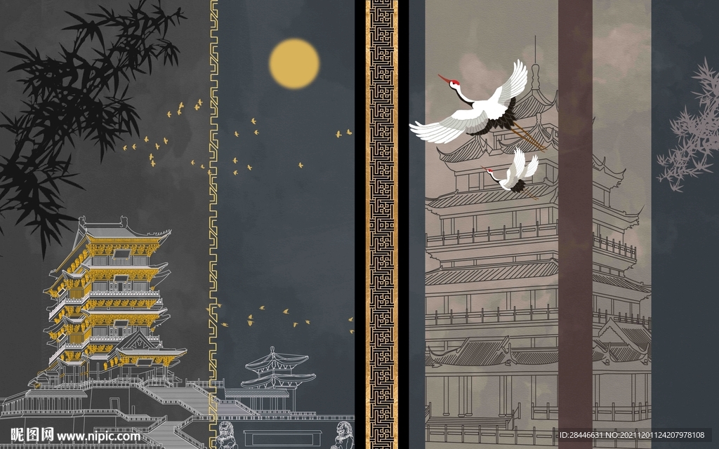 新中式线描古建筑背景墙    