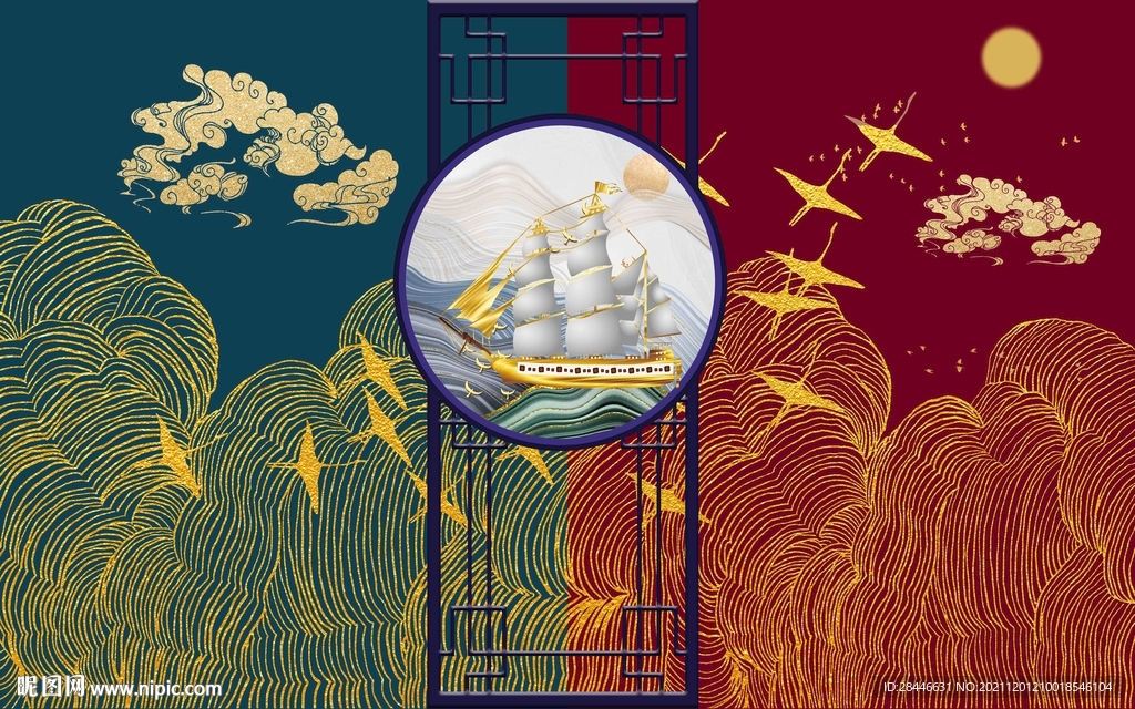 新中式线描古建筑背景墙 