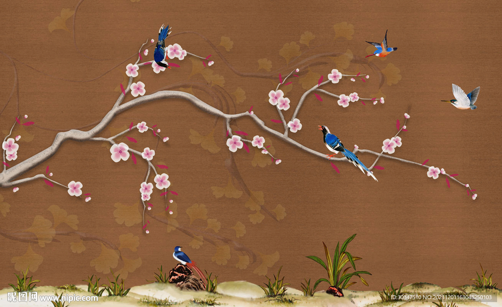 中式工笔花鸟背景墙