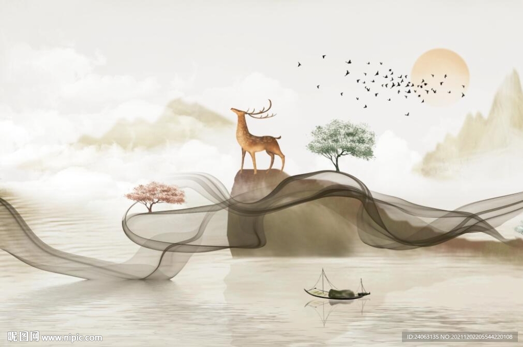烟雾麋鹿山水情背景墙
