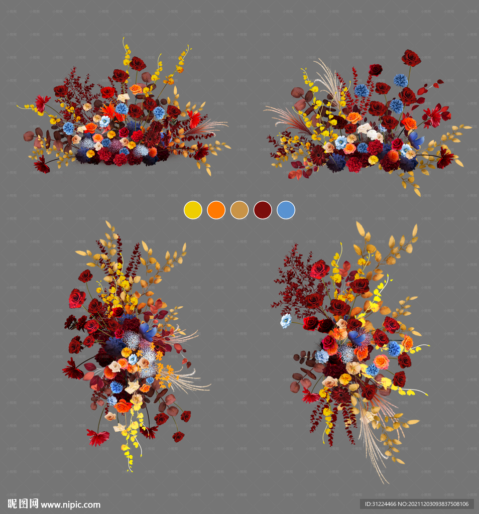 红蓝橙色系婚礼效果图花艺素材
