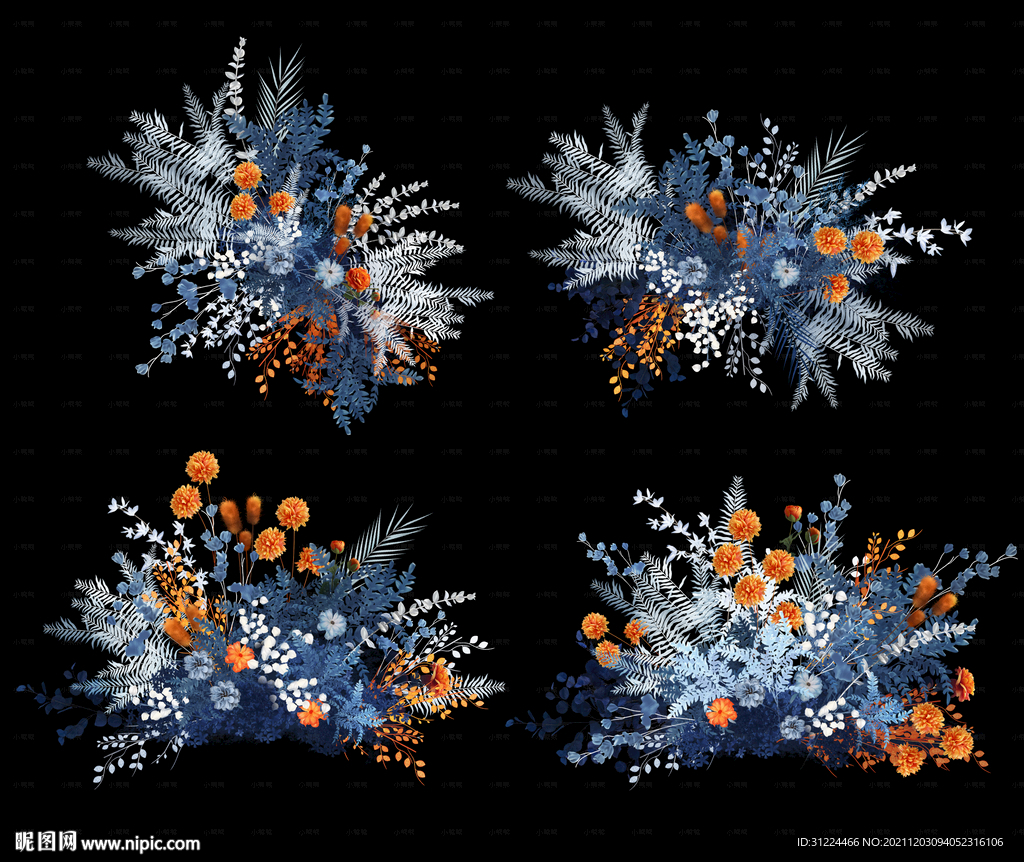 户外蓝白橙婚礼手绘花艺图片