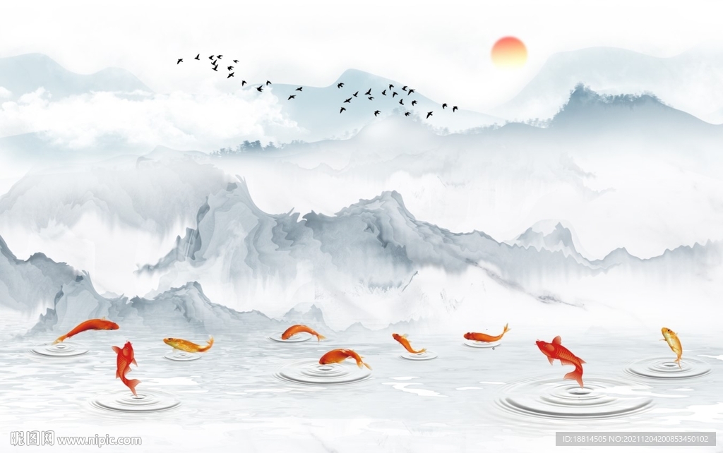 锦鲤旭日东升新中式背景墙