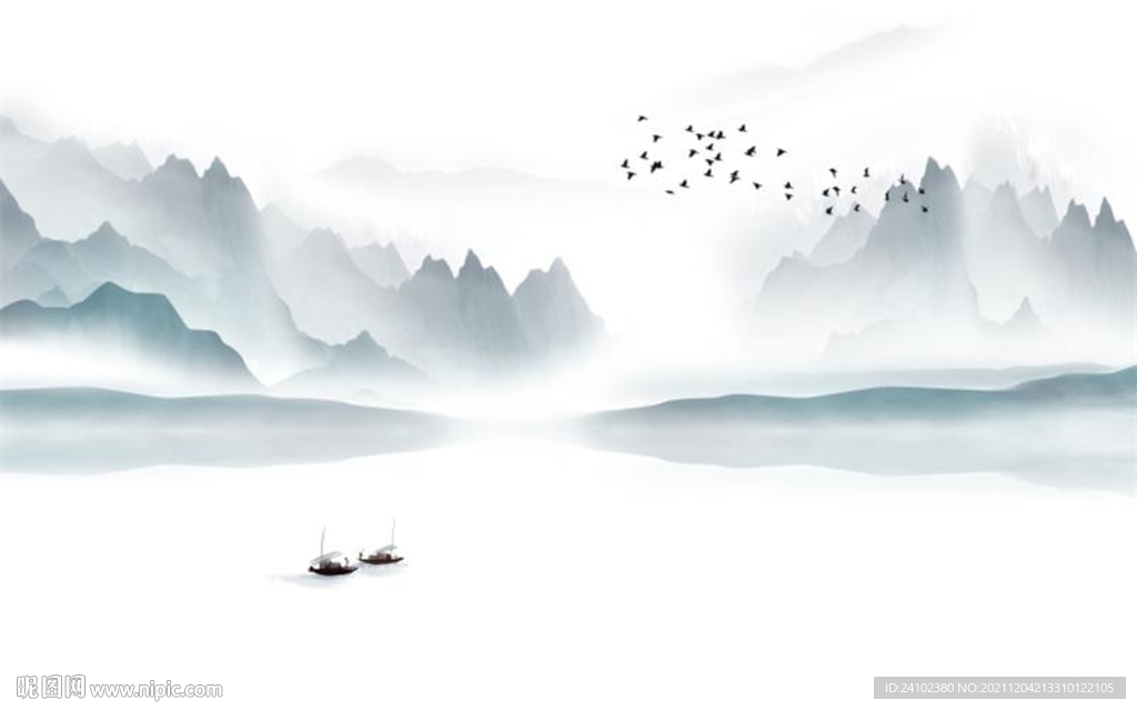 水墨山水飞鸟远山渔船意境背景