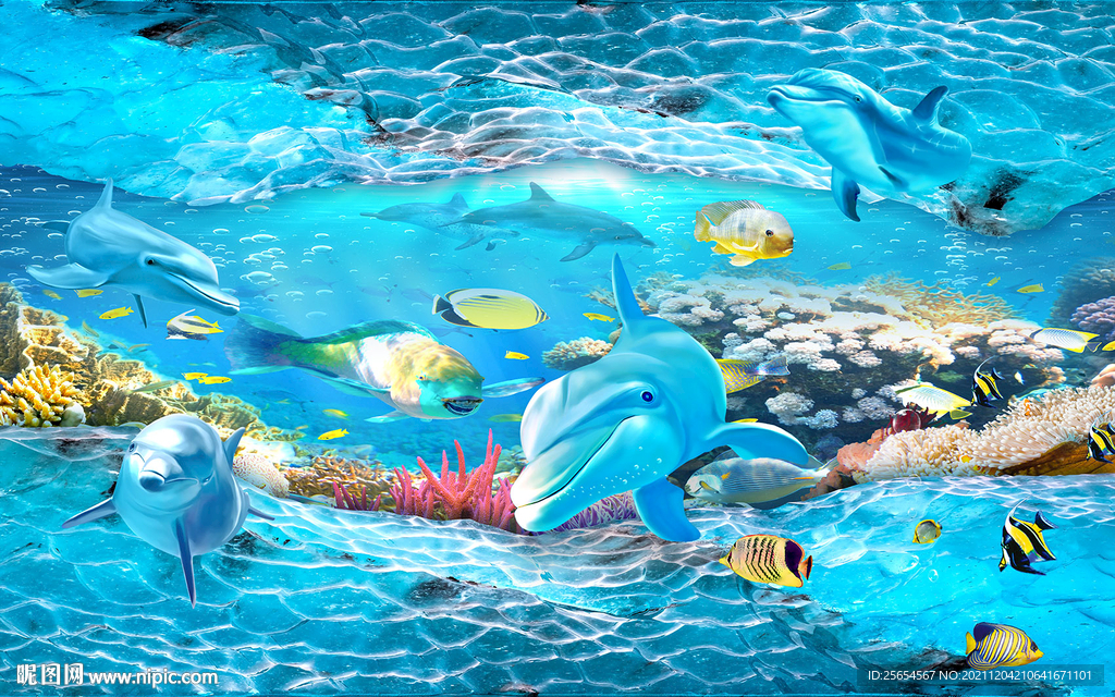 冰川海底世界海豚3D电视背景墙
