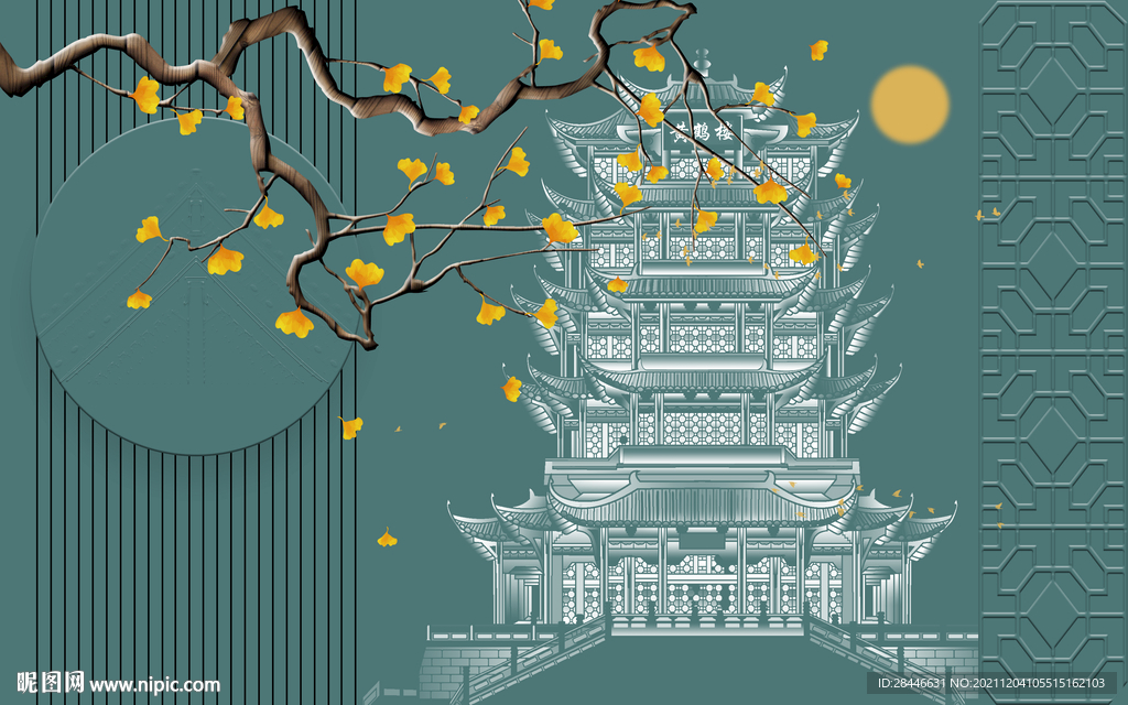 新中式线描古建筑背景墙    