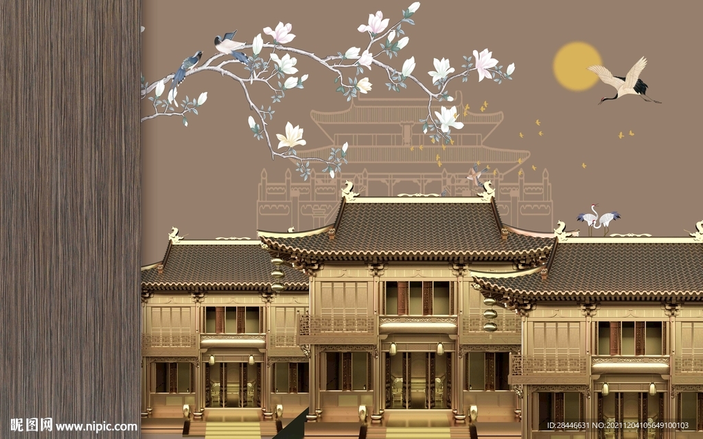 新中式线描古建筑背景墙    