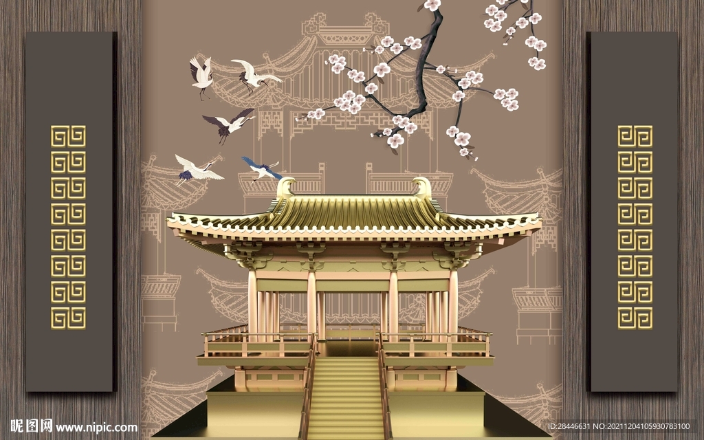 新中式线描古建筑背景墙