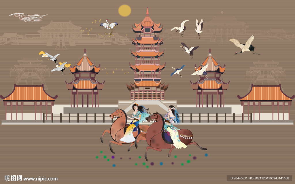 新中式线描古建筑背景墙