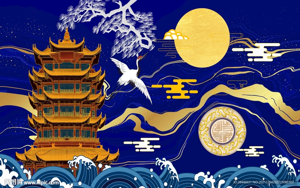 新中式线描古建筑背景墙    