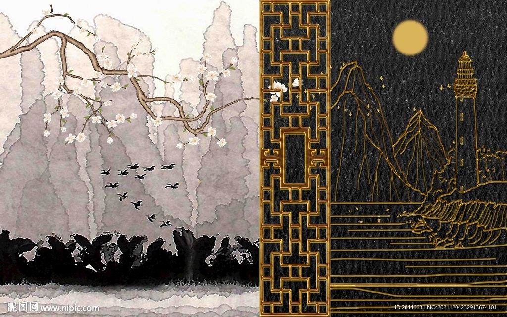 新中式线描古建筑背景墙    