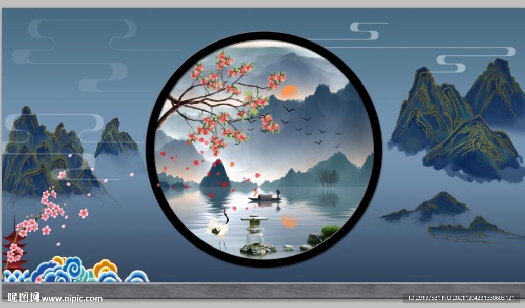 新中式山水背景墙文化墙